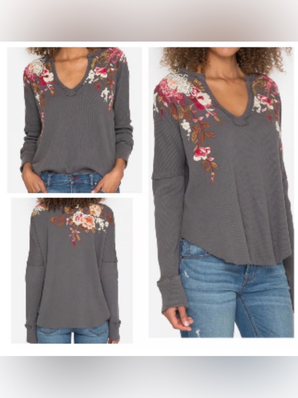 Johnny Was Gray Ribbed Top with Pink & Gold Floral Embroidery - Picture 4 of 8